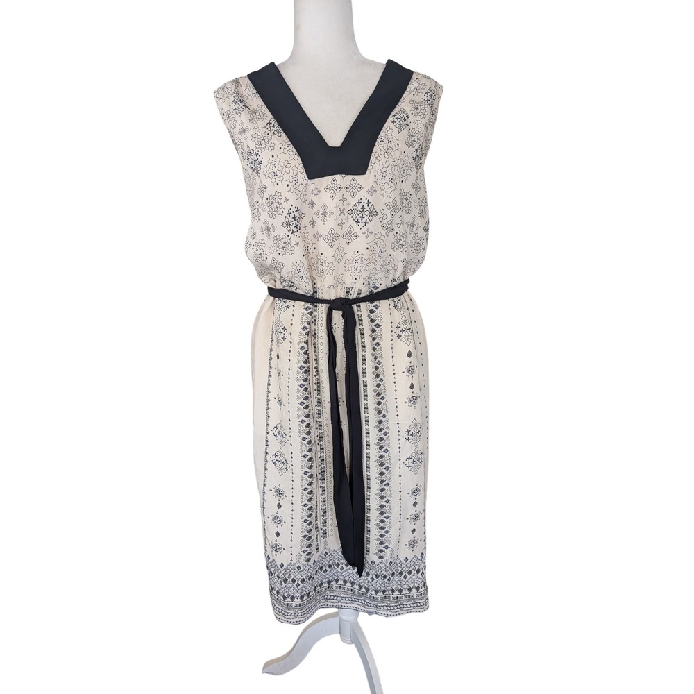 HD in Paris Anthropologie Geometric Print Midi Dress Navy Cream Tie Waist Sz 12